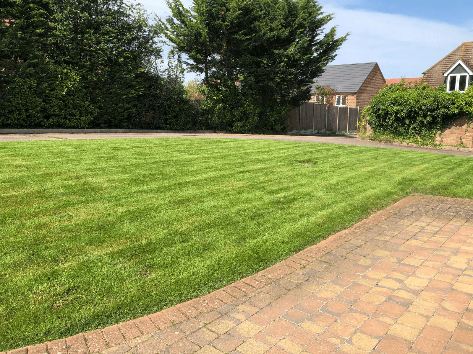 A large freshly cut lawn showing mower stripes, edged with block paving and bordered by mature hedging
